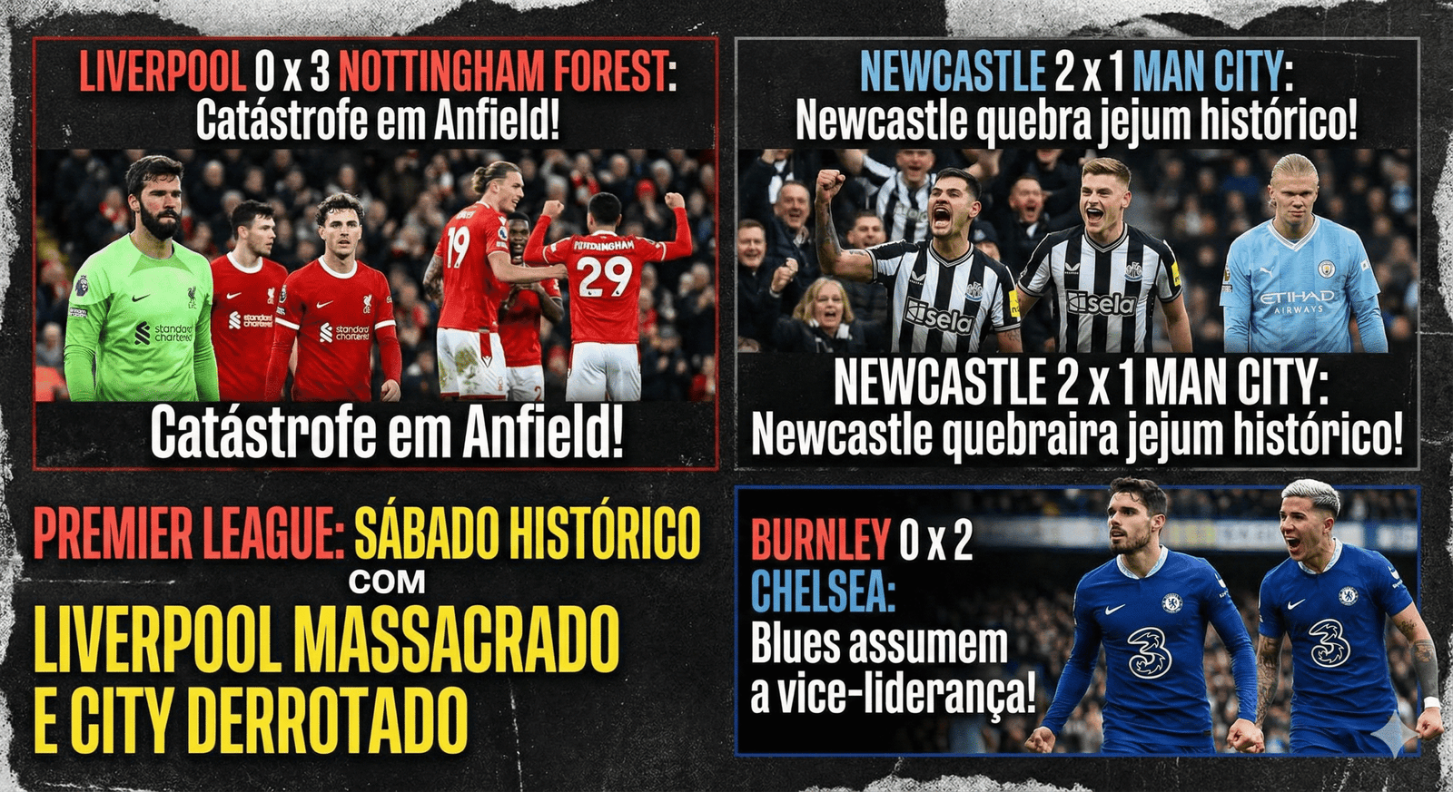 Resultados da 12ª rodada da Premier League com escudos de Liverpool, Manchester City e Chelsea.